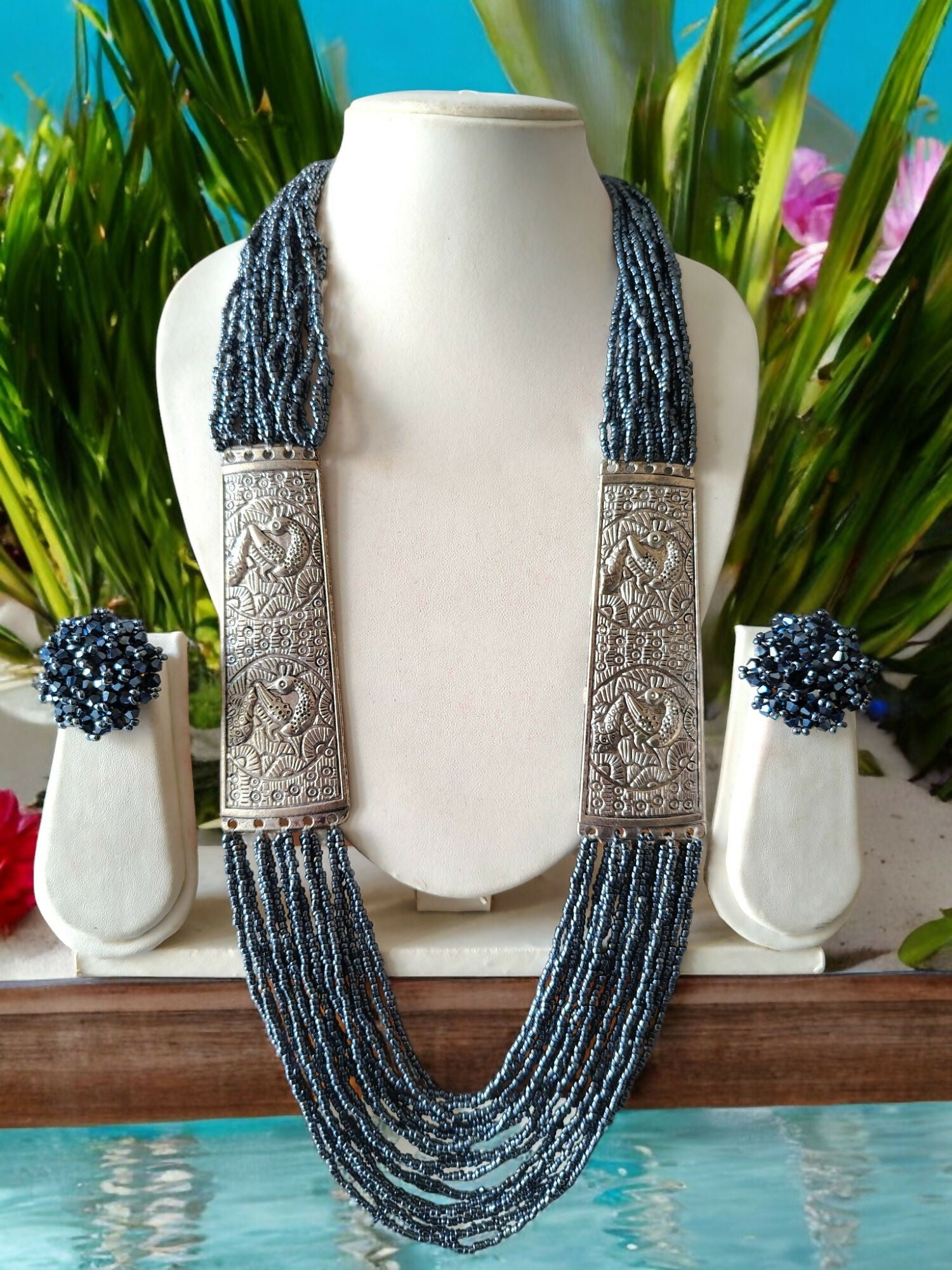 Inhanns Saree Shobha Statement Necklace & Earring Set - Navy Blue - Distacart