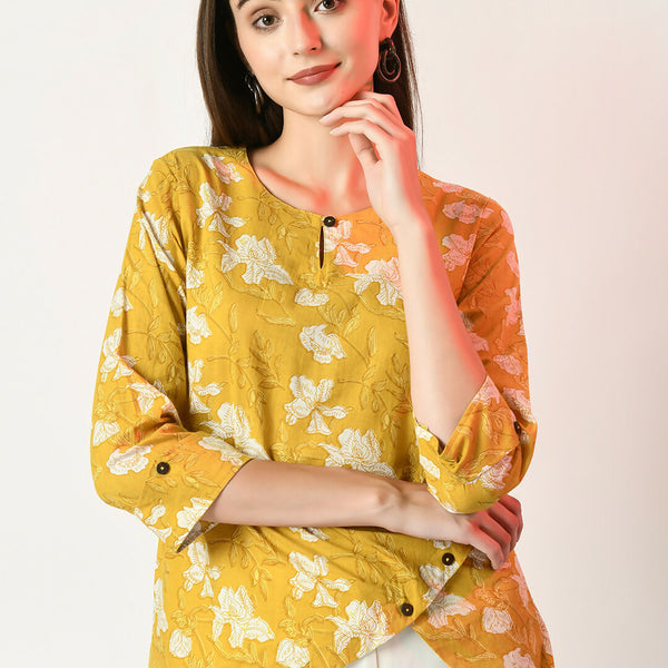 Myshka Women's Yellow Printed Top - Distacart