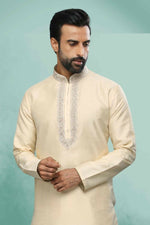Thumbnail for Raivat Ethnic Art Silk Mirror Embroidery Work Kurta Pajama In Cream Colour - Dista