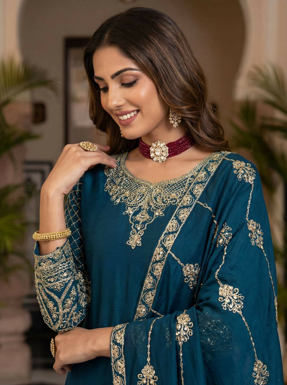 Teeya Creation Teal Chinon Silk Designer Wedding Wear Embroidery Work Palazzo - Distacart