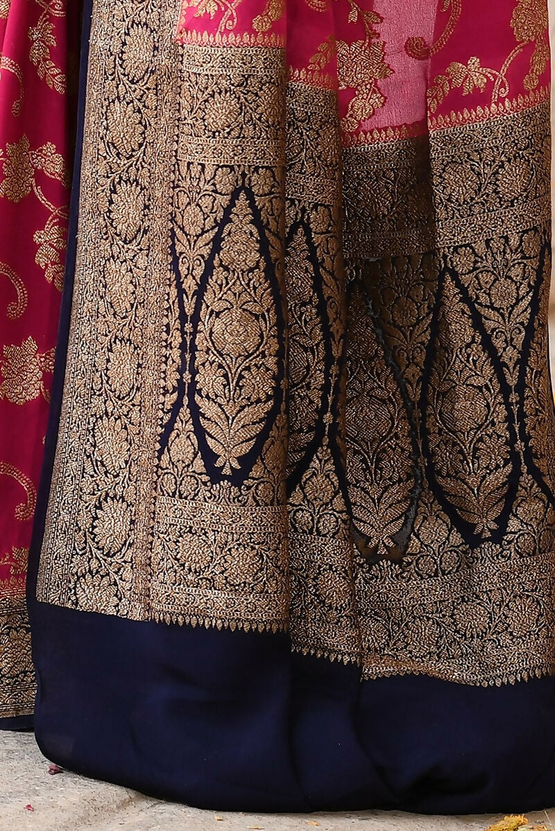 Joban Fashion Hot Pink Crepe Chiffon Pure Handloom Banarasi Silk Saree