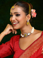 Thumbnail for Ruby Raang 22k Gold Polished Green Stone And Moissanite Necklace With Matching Earrings And Maang Tikka