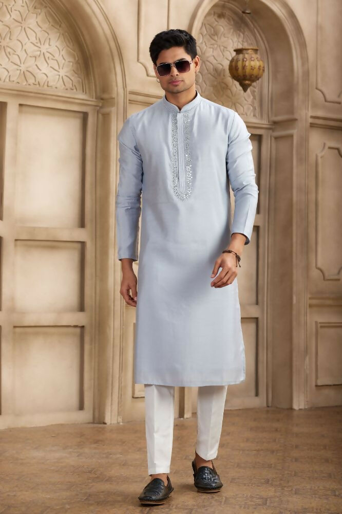 Raivat Ethnic Banarasi Art Silk Mirror Work Kurta Pajama In Sky Blue Colour