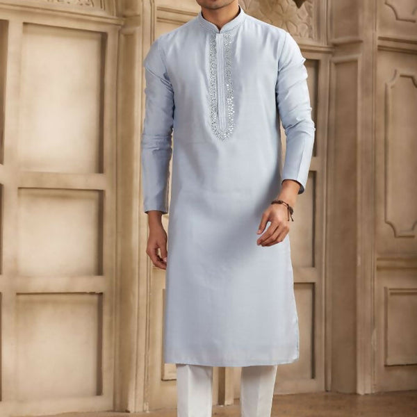 Raivat Ethnic Banarasi Art Silk Mirror Work Kurta Pajama In Sky Blue Colour