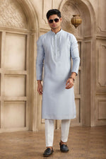 Thumbnail for Raivat Ethnic Banarasi Art Silk Mirror Work Kurta Pajama In Sky Blue Colour