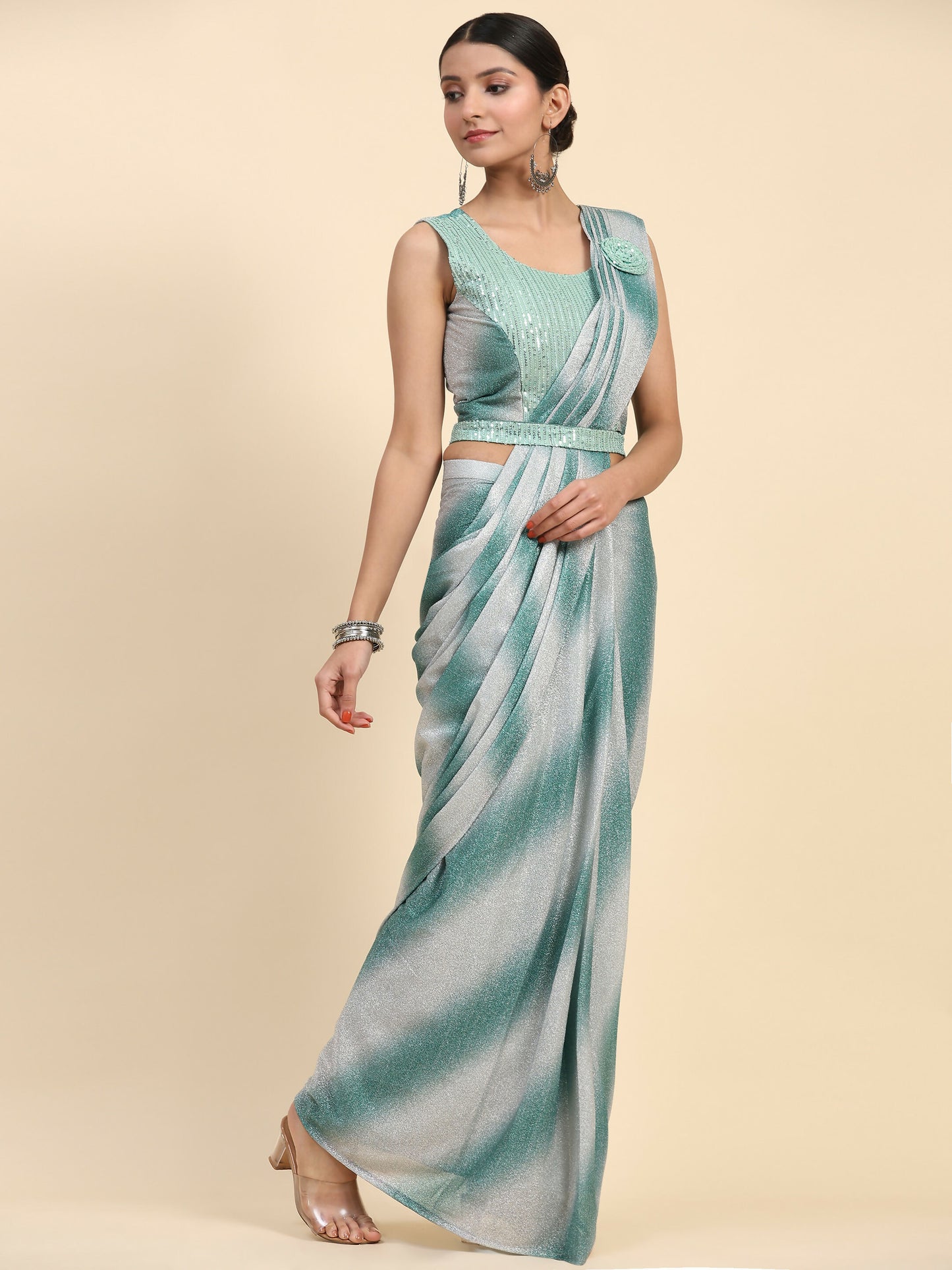 Sea Green Polyester Solid Ready to Wear Saree with stitched Blouse - Aayan - Distacart