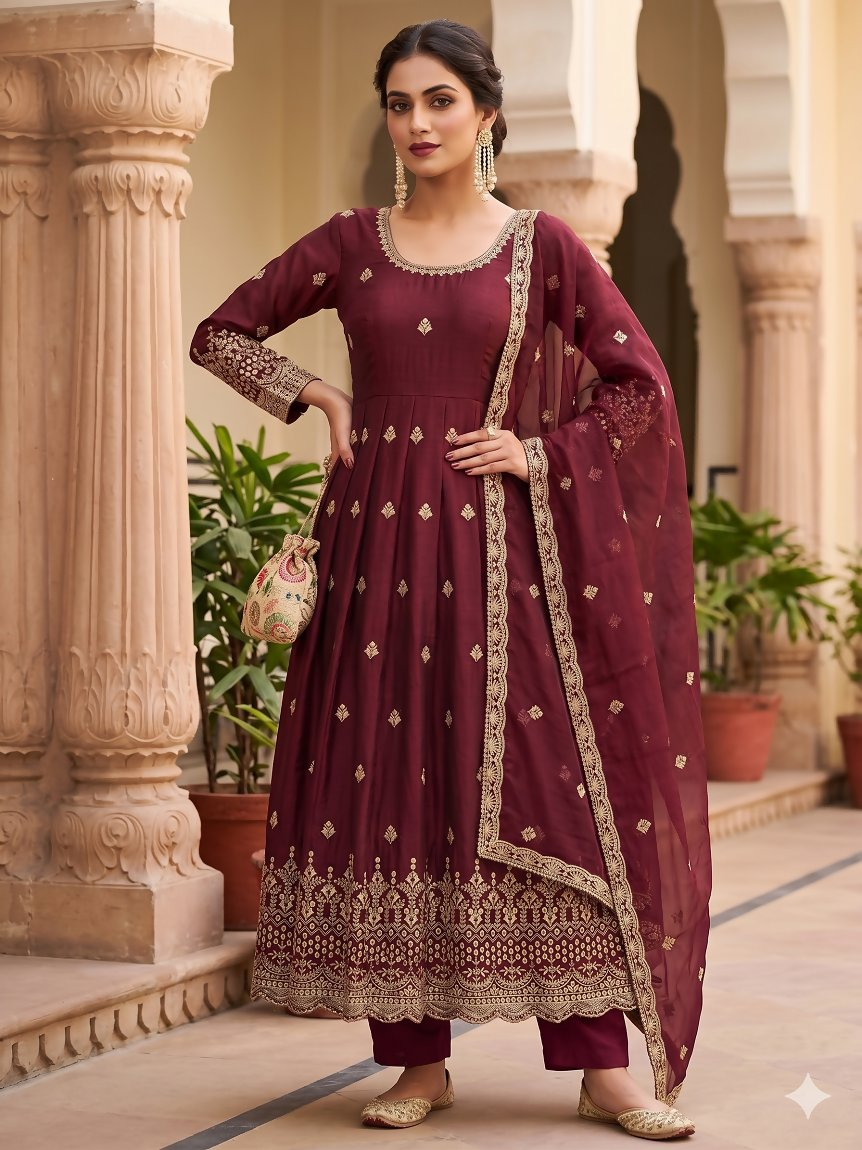 Teeya Creation Womens New Regal Maroon Embroidered Anarkali Gown Set - Dista