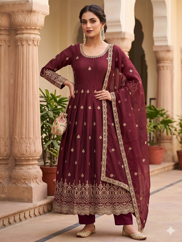 Teeya Creation Womens New Regal Maroon Embroidered Anarkali Gown Set - Dista