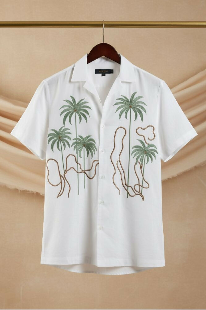 Tansira — White Palm Embroidered Linen Shirt by Hilo Design - Dista
