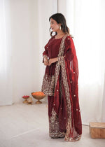 Thumbnail for Teeya Creation Maroon Color Fendy Satin Silk Embroidery Work Party Wear Salwar Suit - Distacart