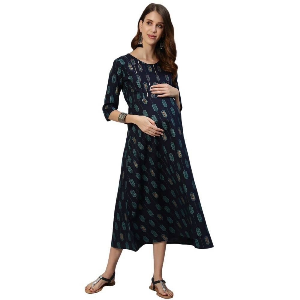 Anubhutee Women's Rayon Knee-Length Ethnic Motifs Maternity A-Line Navy Blue Midi Dress - Distacart