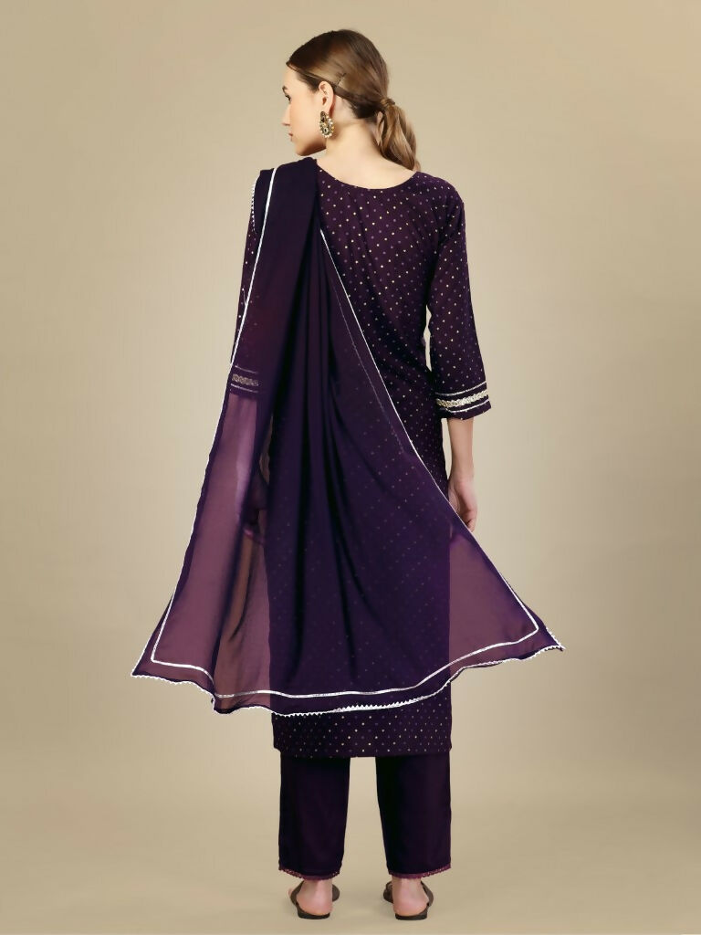 Jyoti Fashion Women's Purple Silk Blend Embroidery & Sequence work Kurta with Trouser & Dupatta - Distacart