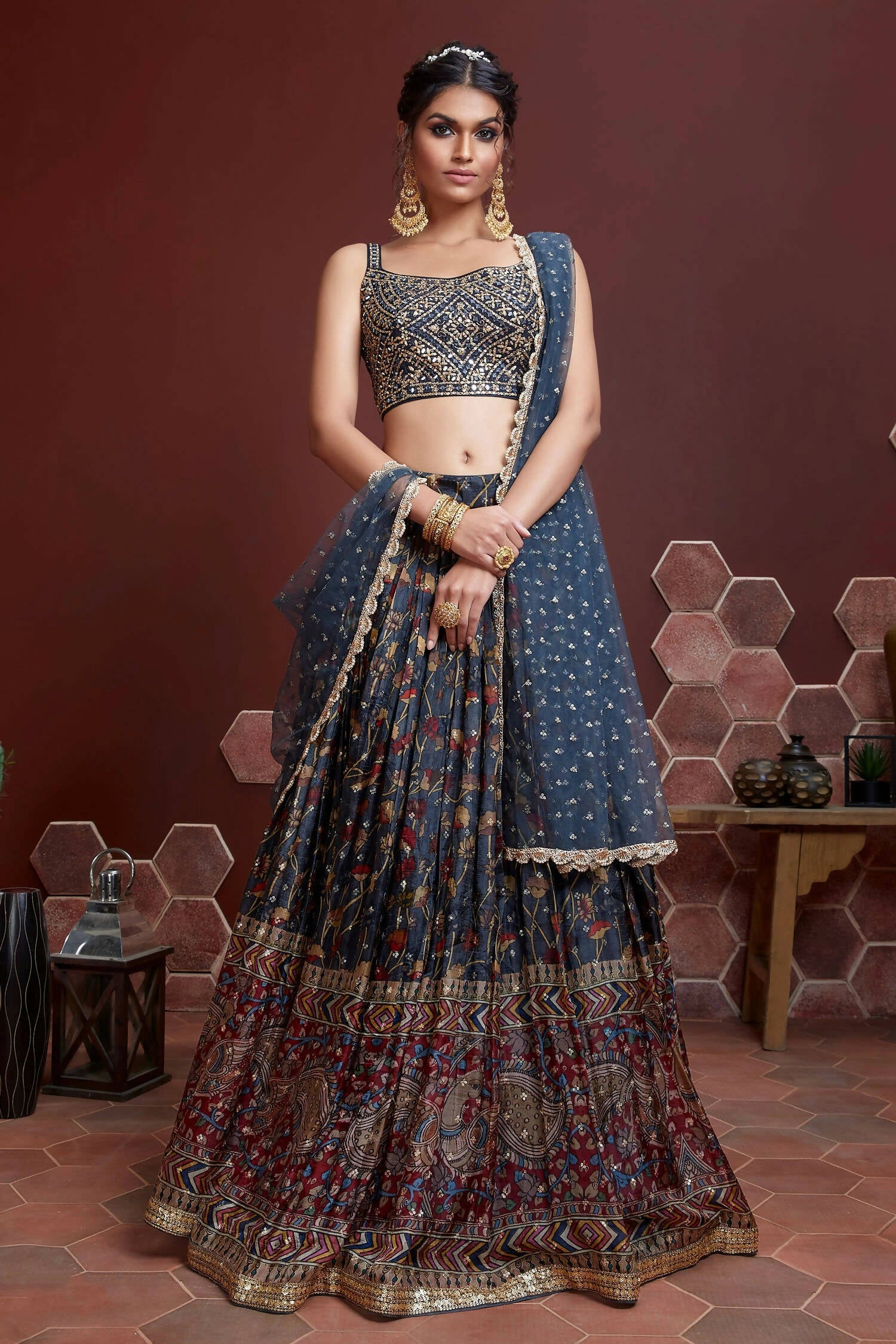 Wedding Designer Navy Blue Chinon Silk Lehenga Choli - Anbazaar - Distacart