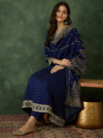 Thumbnail for The52 Blue Women's Gorgeous Embroidered Work Vichitra Silk Fabric Flared Kurta Pant and Dupatta Set - Distacart