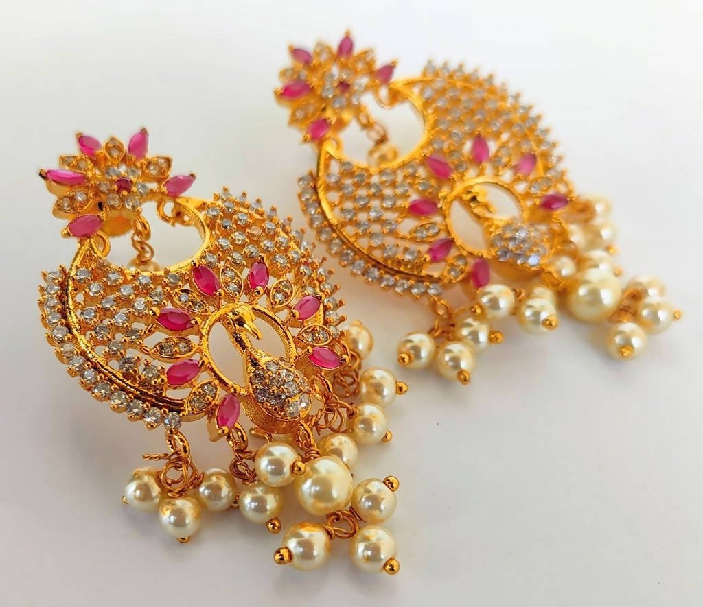 AD Ruby Designer Hanging Pearls Earrings - Distacart