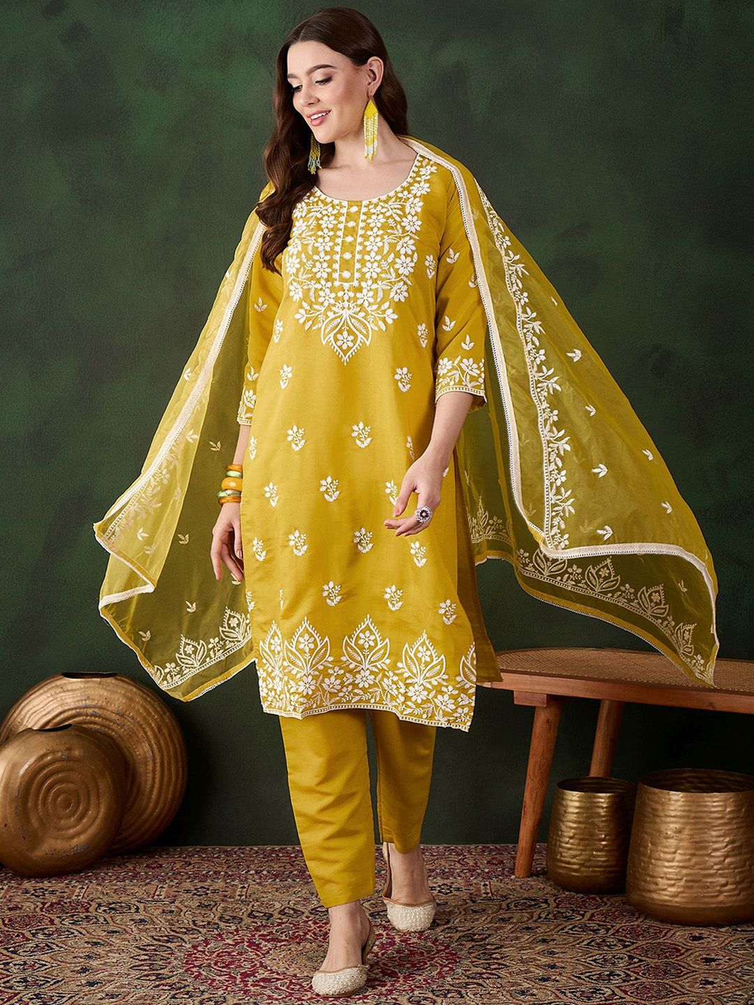 Sangria Mustard Yellow Floral Embroidered Thread Work Kurta & Trouser With Dupatta - Distacart