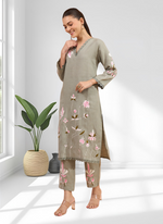 Thumbnail for Joban Fashion Pista Green Linen Embroidered Readymade Long Kurta With Pant - Distacart