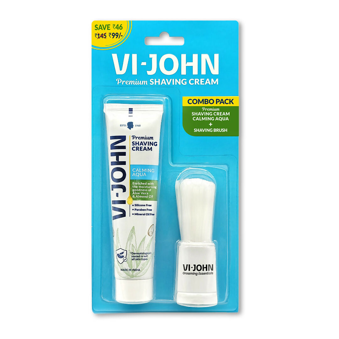 VI-JOHN Dermatologically Tested Premium Purifying Charcoal Shaving Cream With Shaving Brush Enriched with Aloevera & Jojoba Oil Free From Silicone, Paraben & Mineral Oil - Distacart