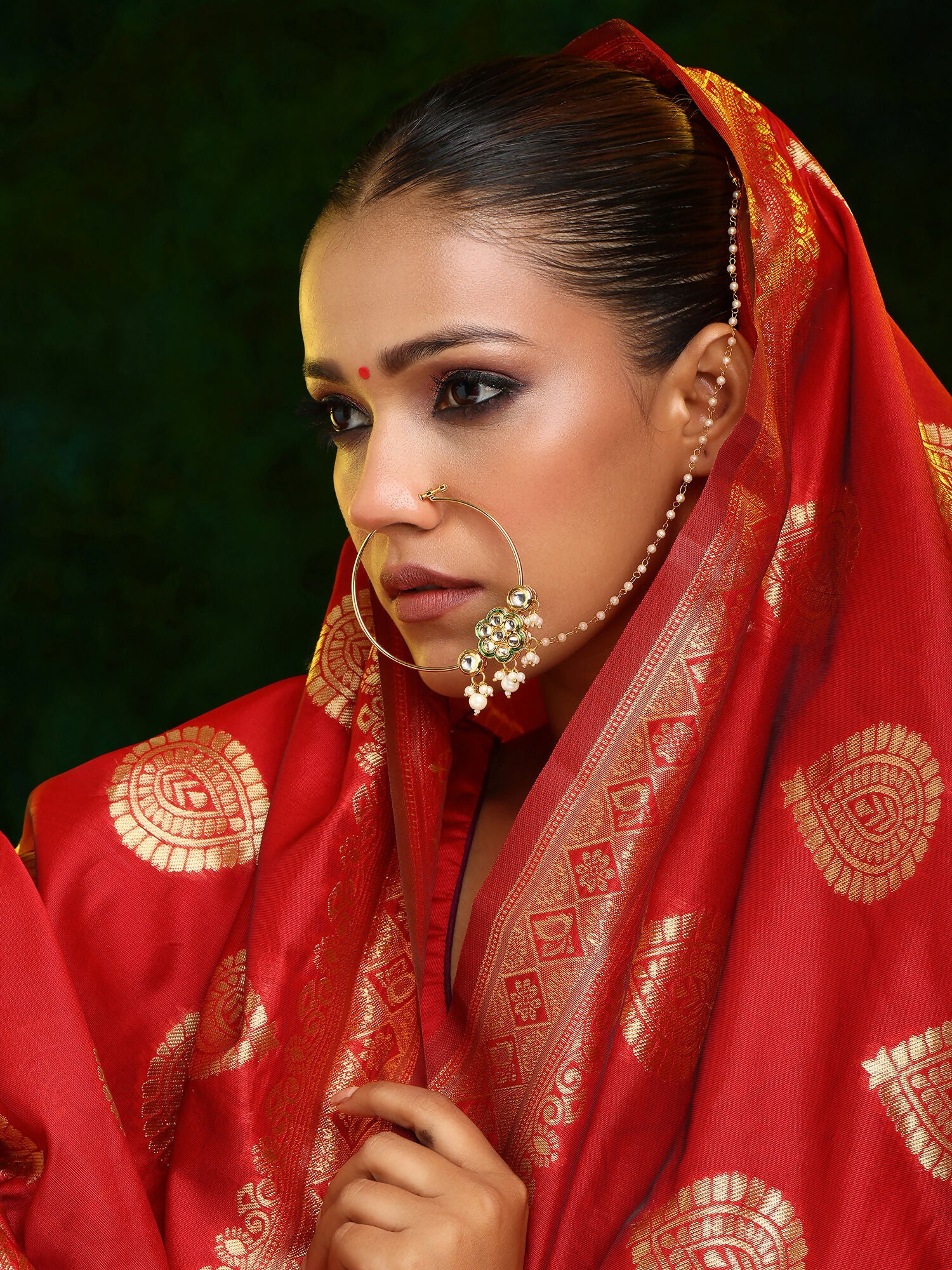 Ruby Raang 22k Gold Polished Kundan Maharani Nose Ring (Clip On)