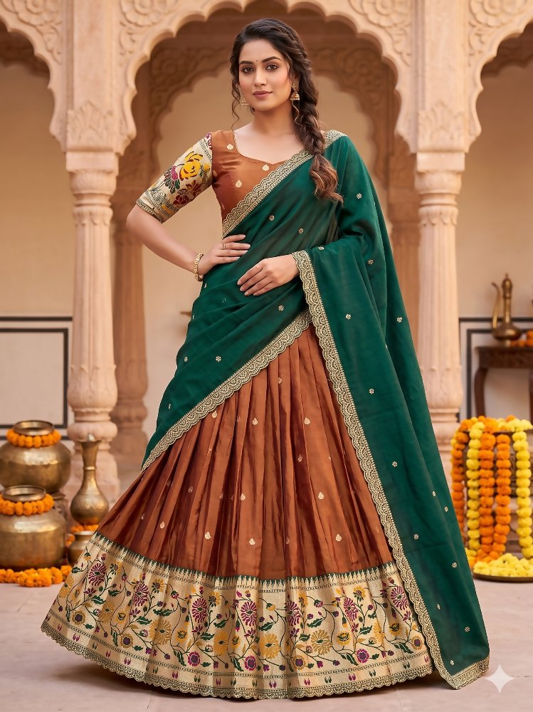 Teeya Creation Elegant Copper Brown Lehenga with Rich Emerald Green Contrast Dupatta - Dista