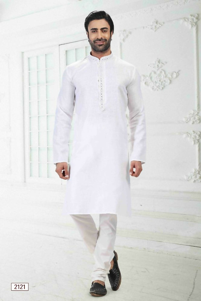 Raivat Ethnic Linen Cotton Thread Work Kurta Pajama In Off White Colour - Dista