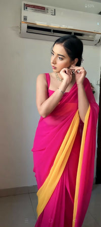 Thumbnail for Malishka Satin Silk Printed Ready To Wear Saree With Blouse Piece - Pink - Distacart