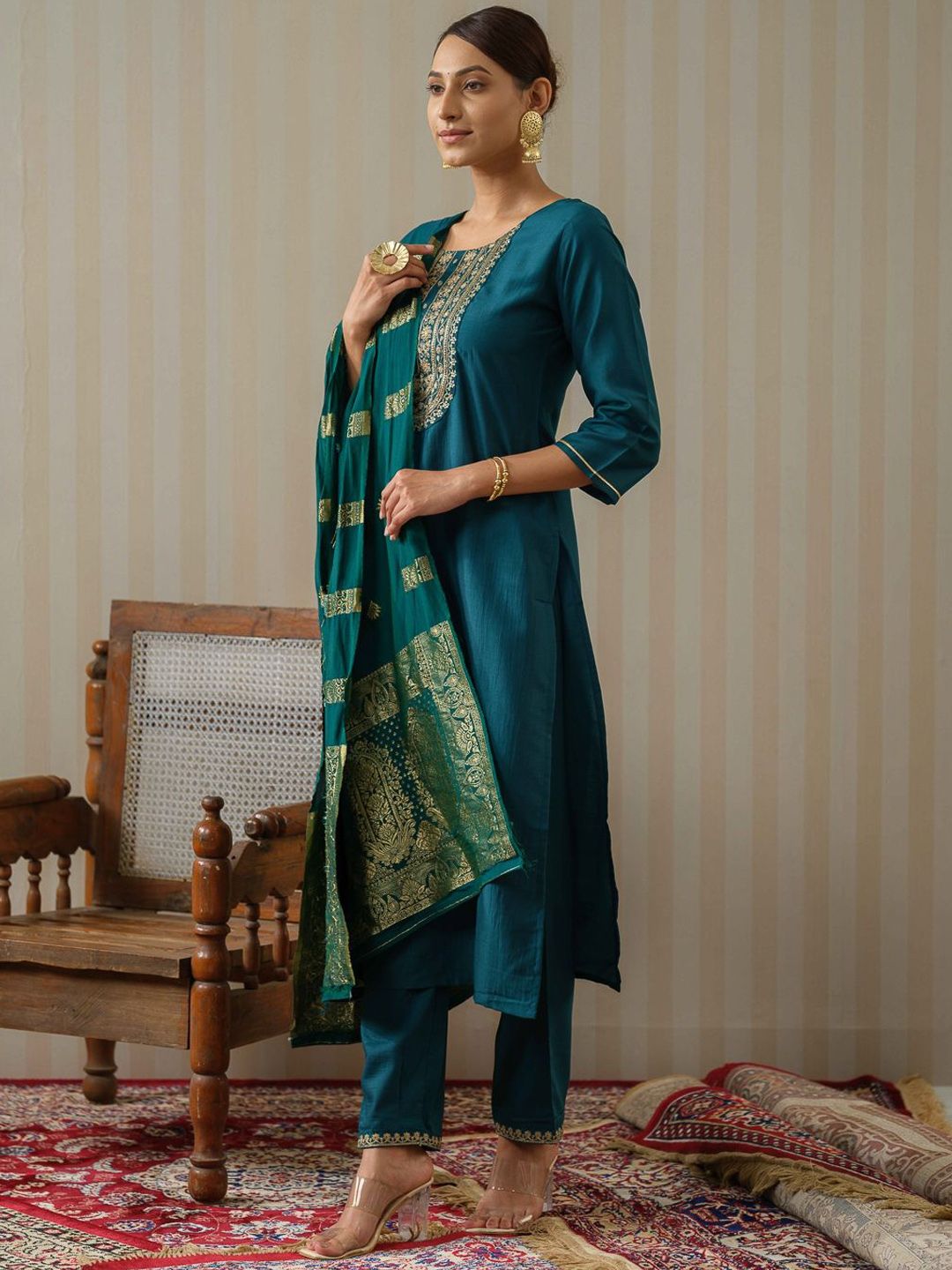 Ode by House of Pataudi Ethnic Motifs Embroidered Straight Kurta & Trousers With Dupatta - Distacart
