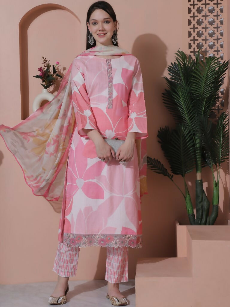 Jyoti Fashion Women's Pink Cotton Floral Digital Print & Floral Embroidered Cutwork Border Sequins Work Kurta with Trouser & Dupatta - Distacart