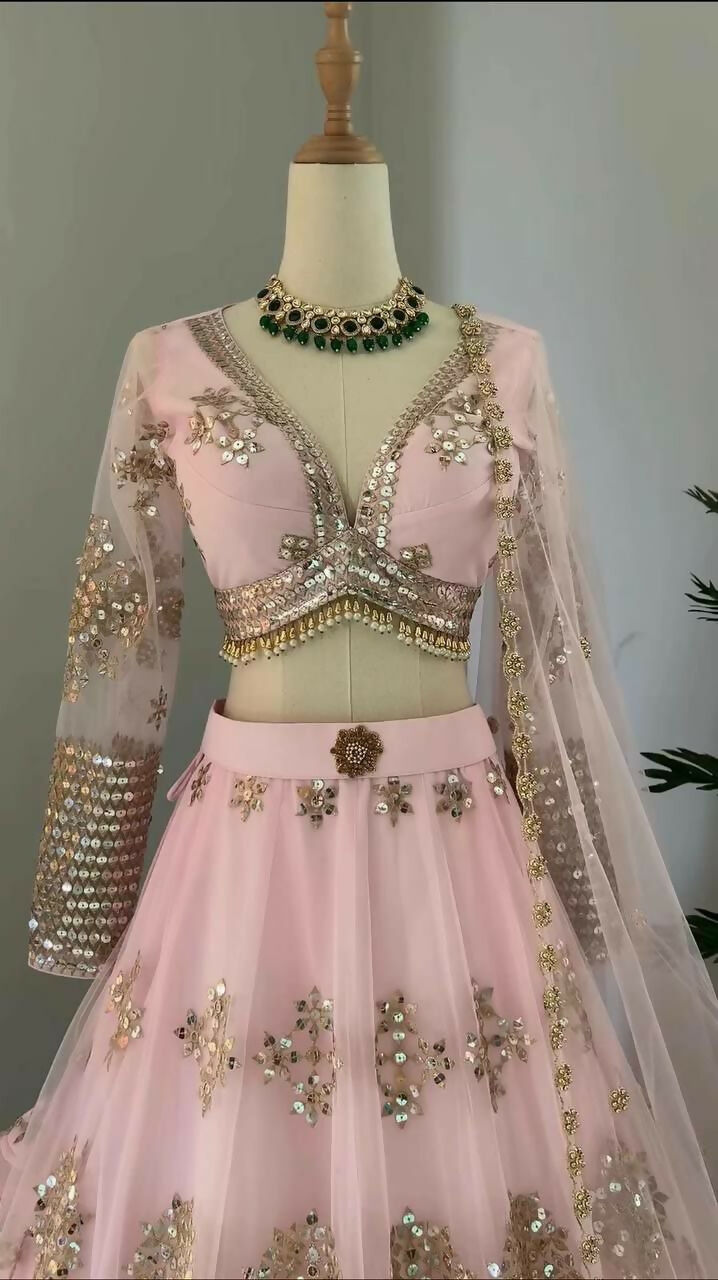 Jyoti Fashion Women's Baby Pink Butterfly Net 9MM Sequins with Thread Embroidered Designer Lehenga Choli Set - Distacart