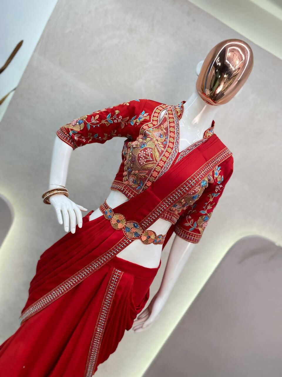 Preksha Creation Indian Stylist Exclusive Fancy Party Wear Fiyona Silk Lehenga Saree With Heavy Work Blouse And Belt - Red