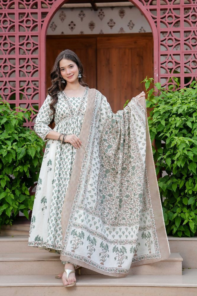 Jaimini Women Cotton Printed V-Neck 3/4 Sleeves Calf Length Flared Kurta Pant And Dupatta Set - Dista