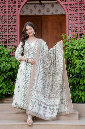 Jaimini Women Cotton Printed V-Neck 3/4 Sleeves Calf Length Flared Kurta Pant And Dupatta Set - Dista