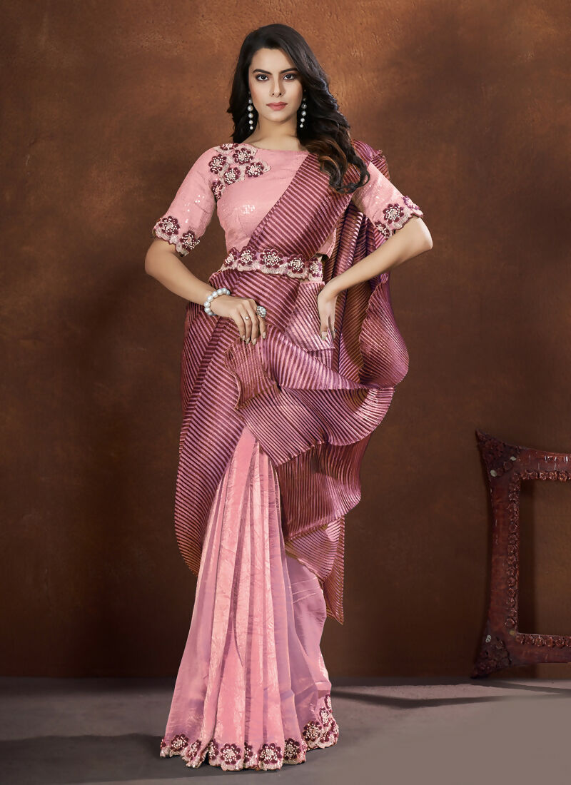 Pink Crepe Satin Silk Embroidered Saree with stitched Blouse - Mohmanthan Saha Saki - Distacart