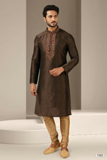 Thumbnail for Raivat Ethnic Banarasi Art Silk Mirror Work Kurta Pajama In Brown Colour - Distacart