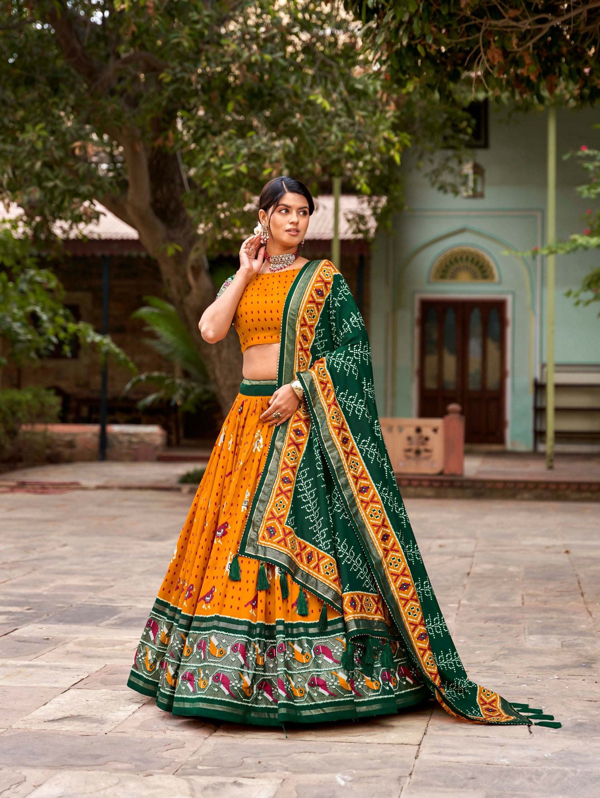 Vastranavya Patola Printed and Foil Work Tussar Silk Lehenga with Unstitched Blouse - Mustard - Distacart