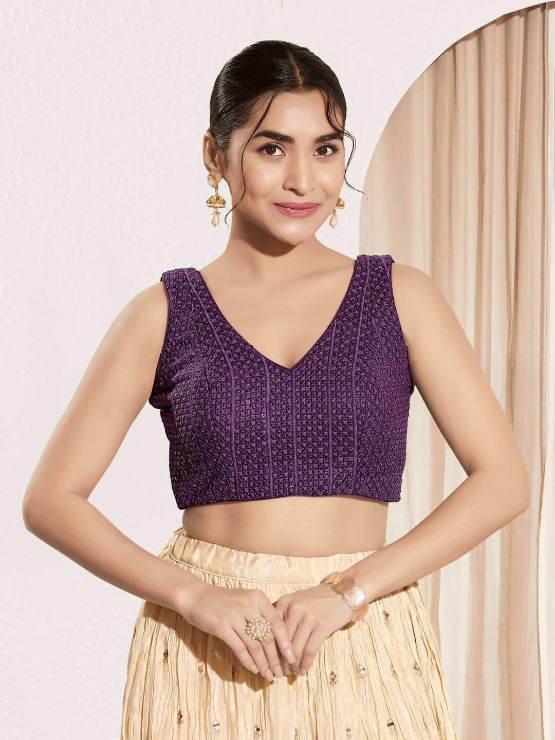 Joban Fashion Wine Sequence Padded Blouse With V Neck Sleeveless - Distacart