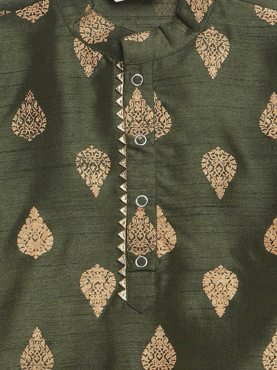 Ahalyaa Green Poly Silk Gold Print Kids Kurta Churidar Set For Boys - Distacart