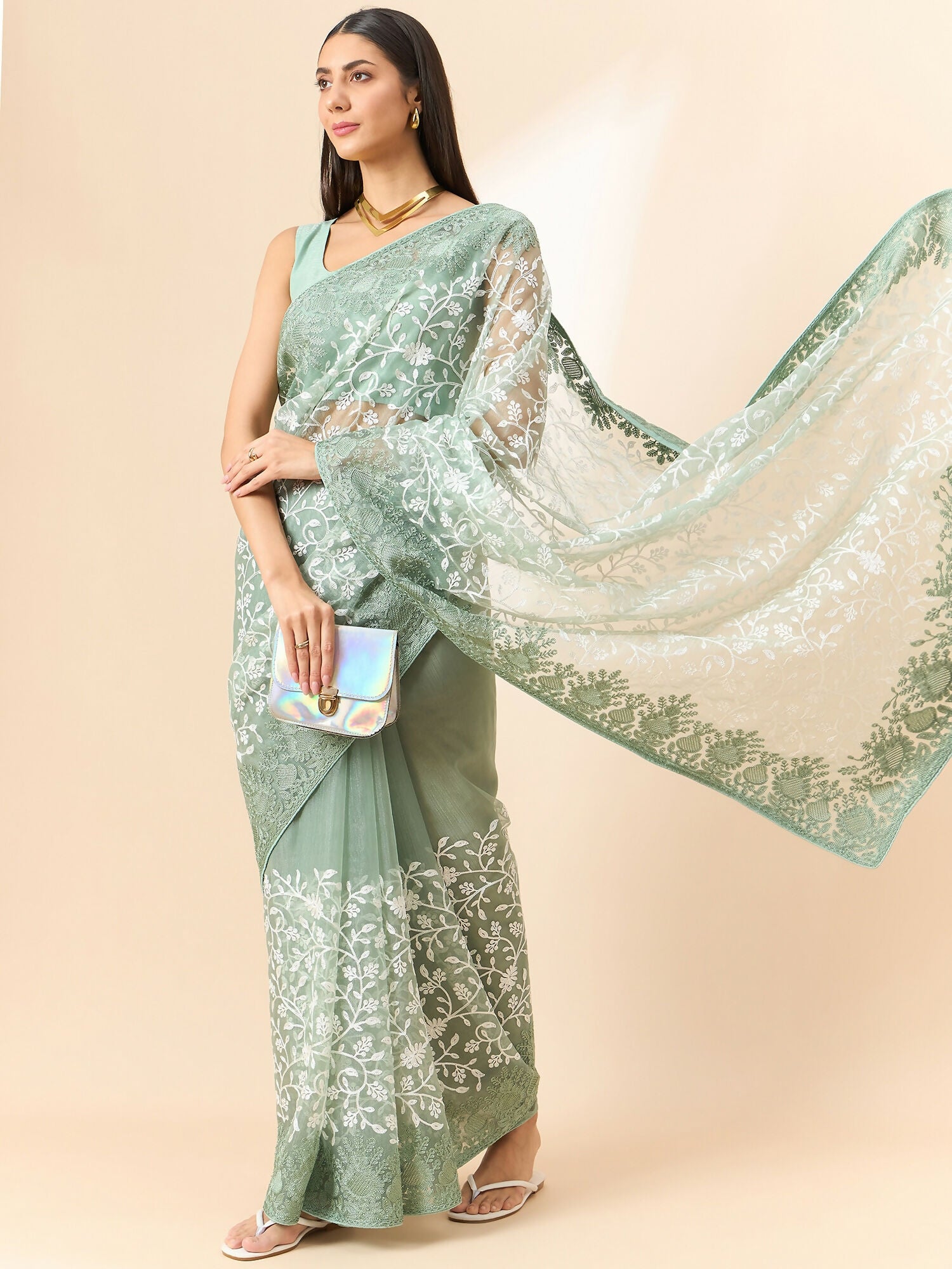 Green Organza Floral Embroidered Saree with Unstitched Blouse Piece - Roozal - Distacart