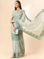 Thumbnail for Green Organza Floral Embroidered Saree with Unstitched Blouse Piece - Roozal - Distacart