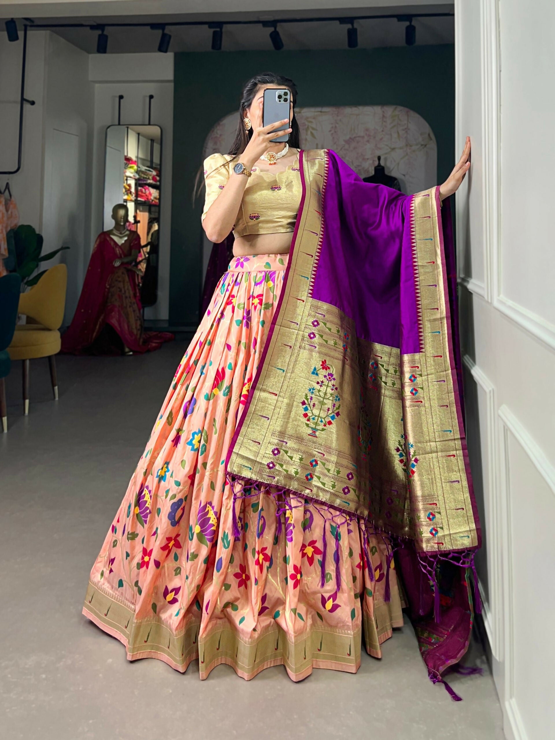 Vastranavya Traditional Jacquard Silk Paithani Lehenga Choli - Peach - Distacart