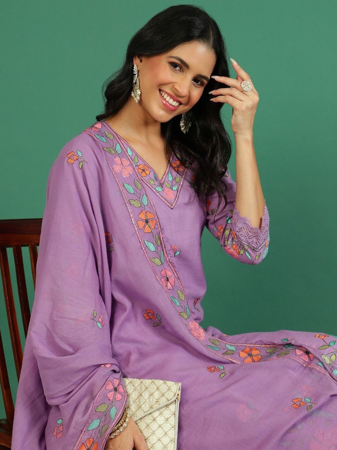 Sangria Embroidered V- Neck Kurta & Trousers With Dupatta - Distacart