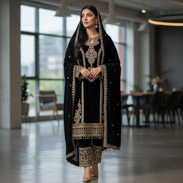 Joban Fashion Black Velvet Embroidery Sequence Work Readymade Kurta Set - Distacart