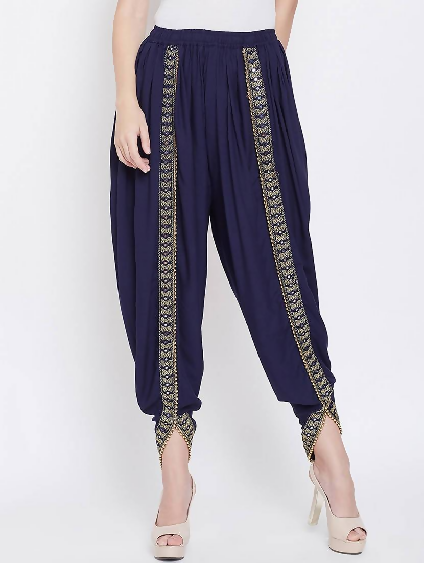 Cheera Women's Navy Viscose Rayon Dhoti With Golden Lace - Distacart