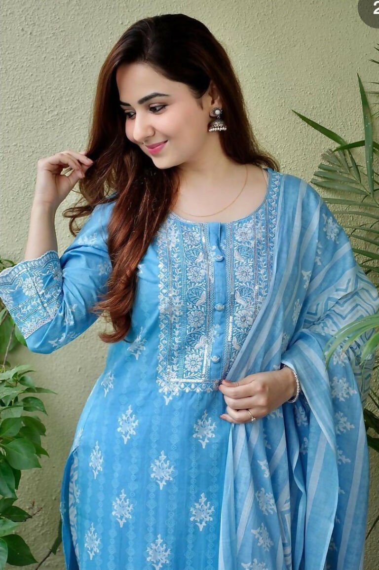 Alvano Women's Printed Straight 3Pcs Kurti with Pant and Dupatta set Cotton (Light Blue) - Distacart