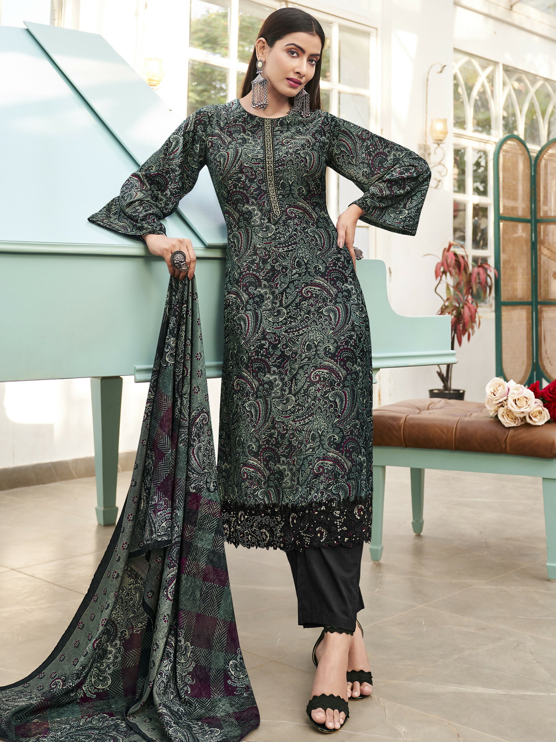Jyoti Fashion Women's Green Velvet Digital Print with Resham Thread work Kurta with Trouser & Dupatta - Distacart