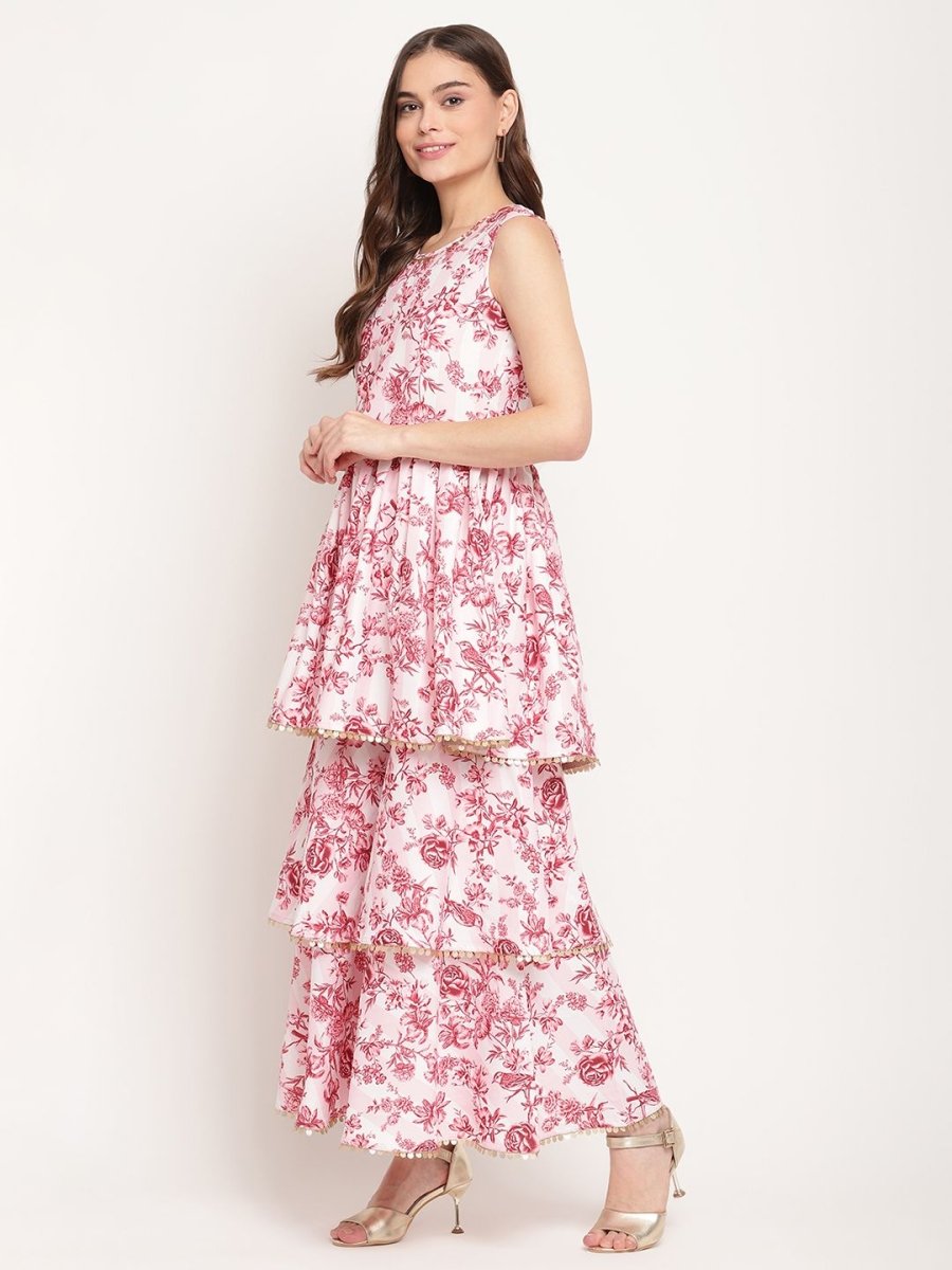 Ahalyaa Women's Pink Rayon Digital Floral Print Kurta Sharara Set with Dupatta