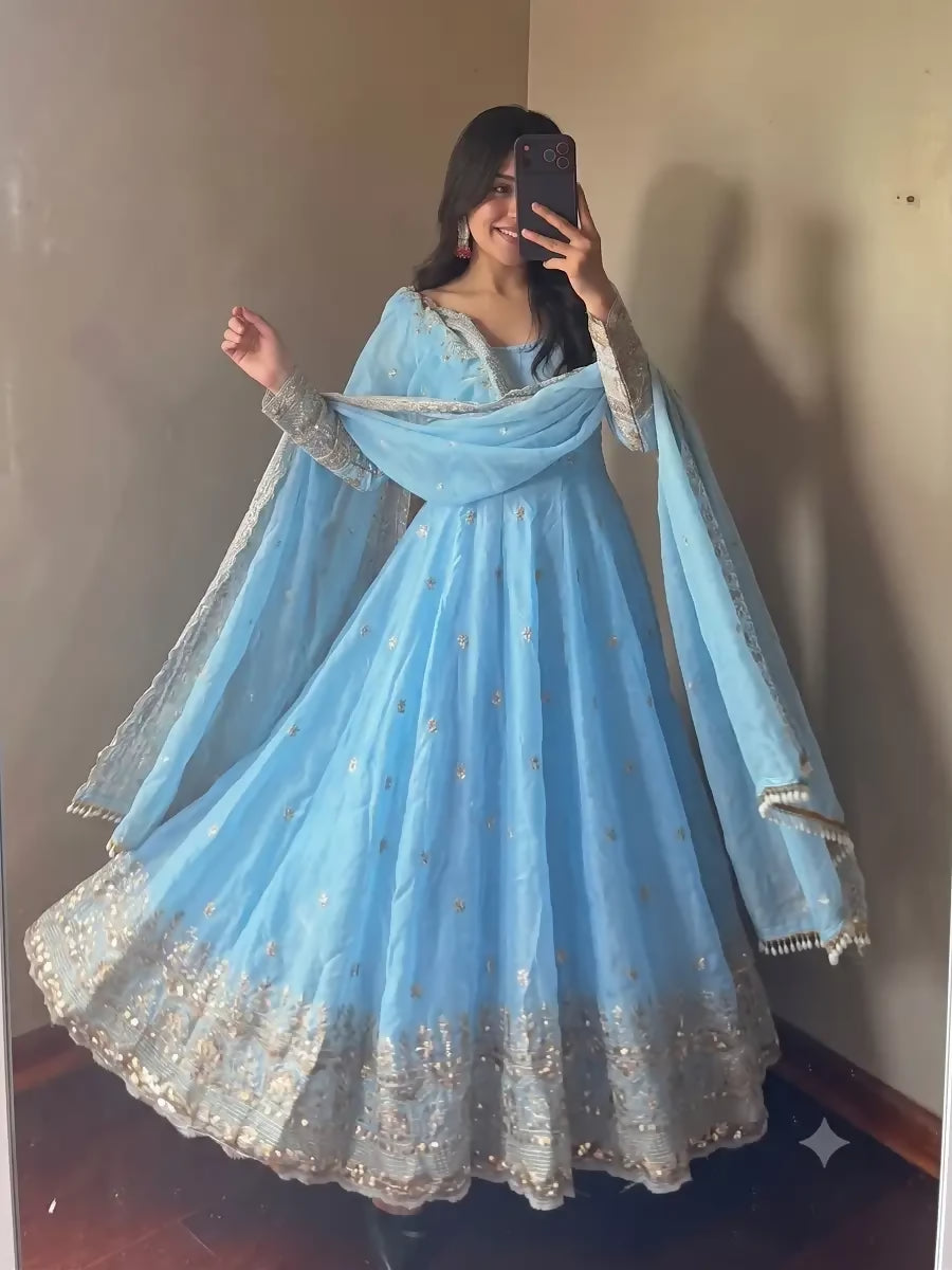 Teeya Creation Sky Heavy Sequins Work Partywear Anarkali Suit Set