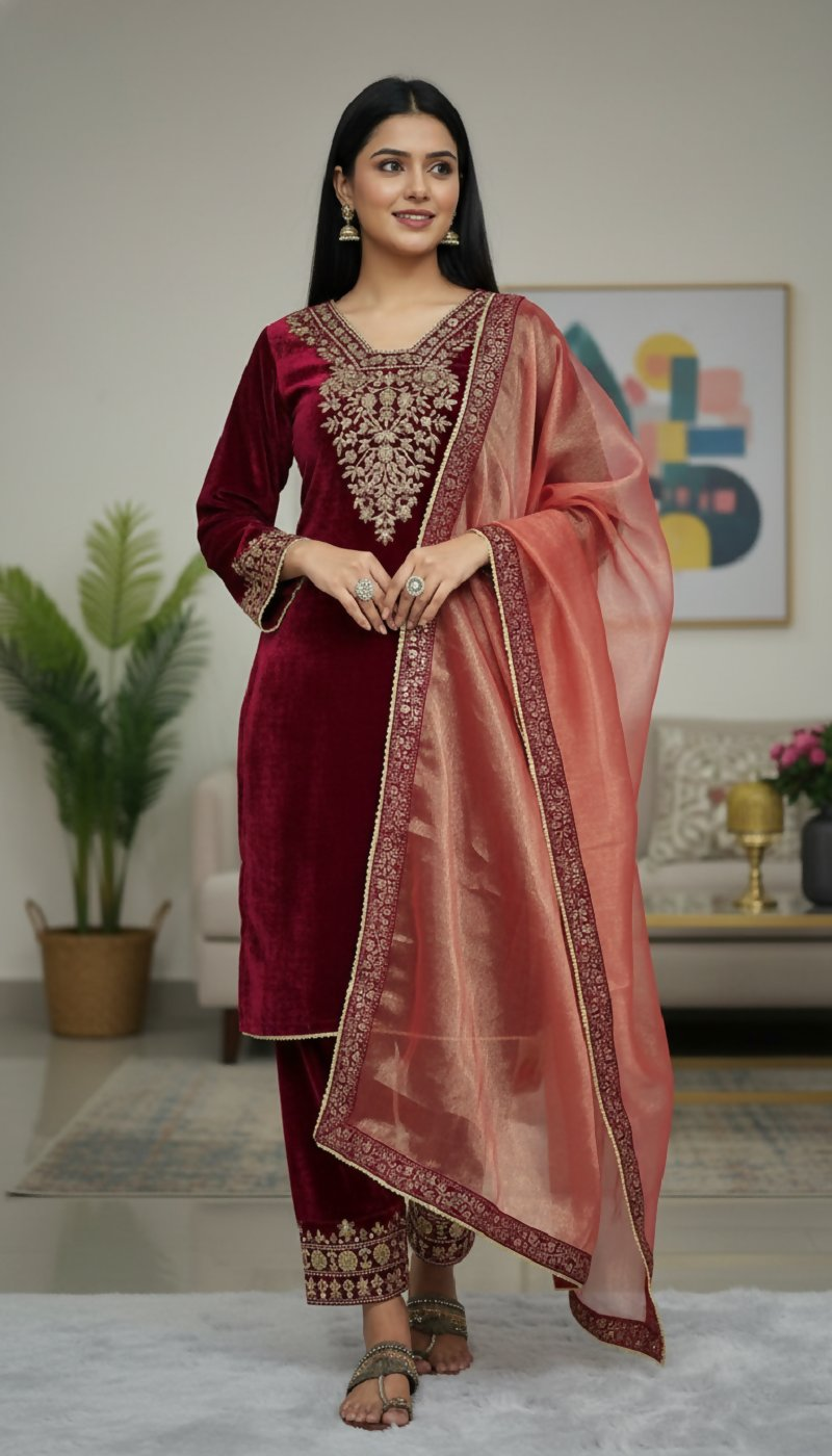 Joban Fashion Maroon Velvet Embroidery Sequence Work Readymade Kurta Set - Distacart