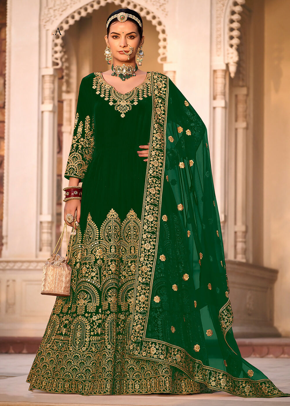 Green Velvet Front & Back Embroidery Wedding Anarkali Suit - Emponline - Distacart