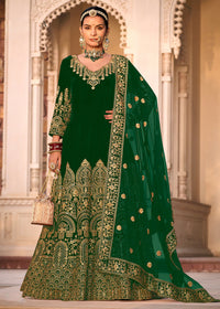 Thumbnail for Green Velvet Front & Back Embroidery Wedding Anarkali Suit - Emponline - Distacart